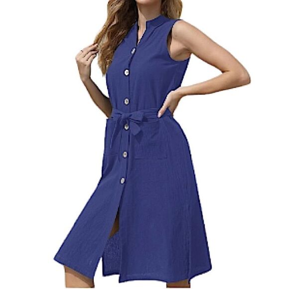 Shirt Dress Womens XXL New Buttoned Belted Sleeveless with Pockets Classic - Picture 2 of 10